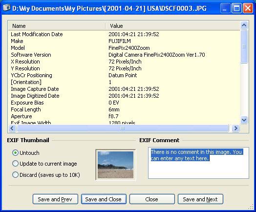 cam2pc is able to display the EXIF metadata embedded in digital pictures.