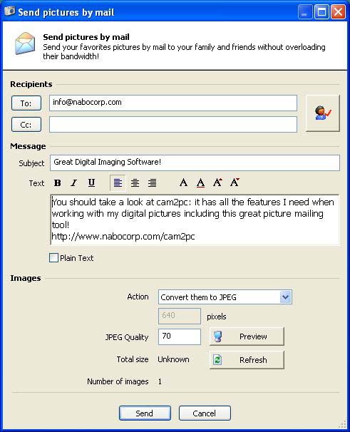 cam2pc allows you to send your favorite pictures by mail to your family and friends.